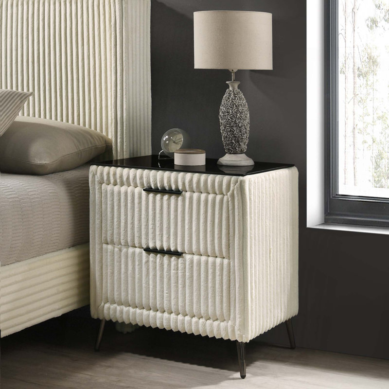 Table de chevet large en velours côtelé, Crème, crème