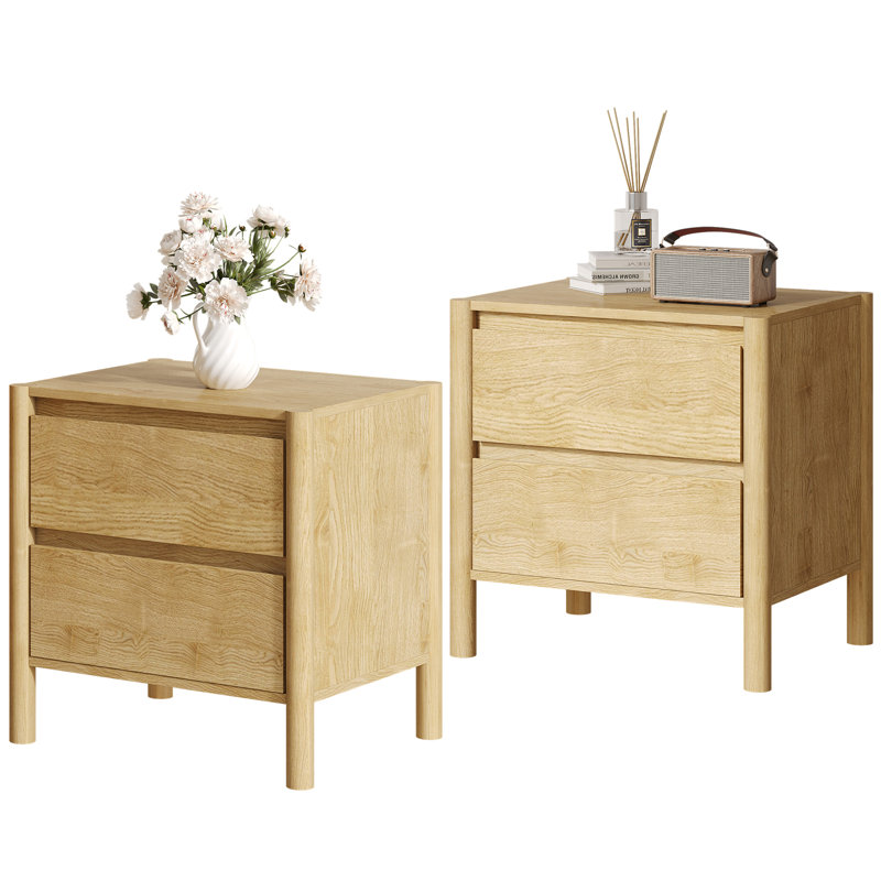 Modern Nightstand With 2 Drawers, End Table With Round Legs For Living Room, Bedroom（Set of 2）, Natural 