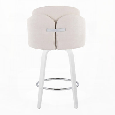 Tabouret de bar à hauteur fixe avec pivot en bois blanc et tissu crème avec repose-pieds rond en chrome, ensemble de 2