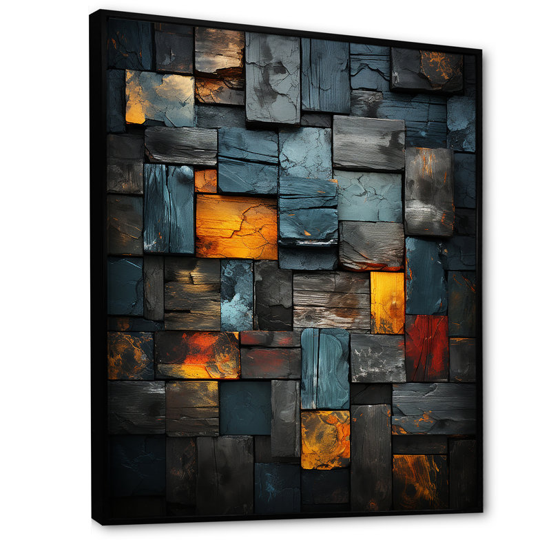 Grunge cubes dorés abstrait géométrique VII - art mural abstrait, Cadre flottant noir, H 32 po x l 24 po x P 1 po