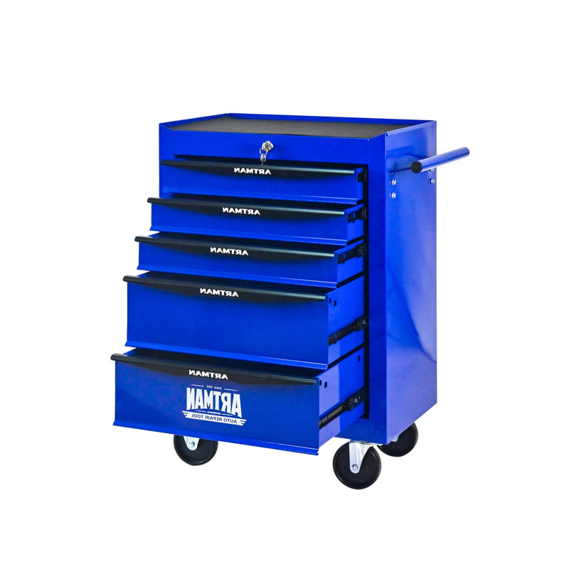 Boîte à outils roulante en métal à 5 tiroirs de 20 pouces avec glissières à roulement à billes, organisateur pour outils en acier - noir et bleu