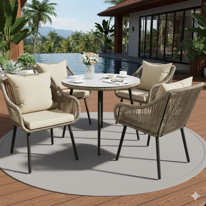 Ensemble de table de salle à manger 5 pièces en rotin et osier tressé avec trou pour parasol et coussins beiges