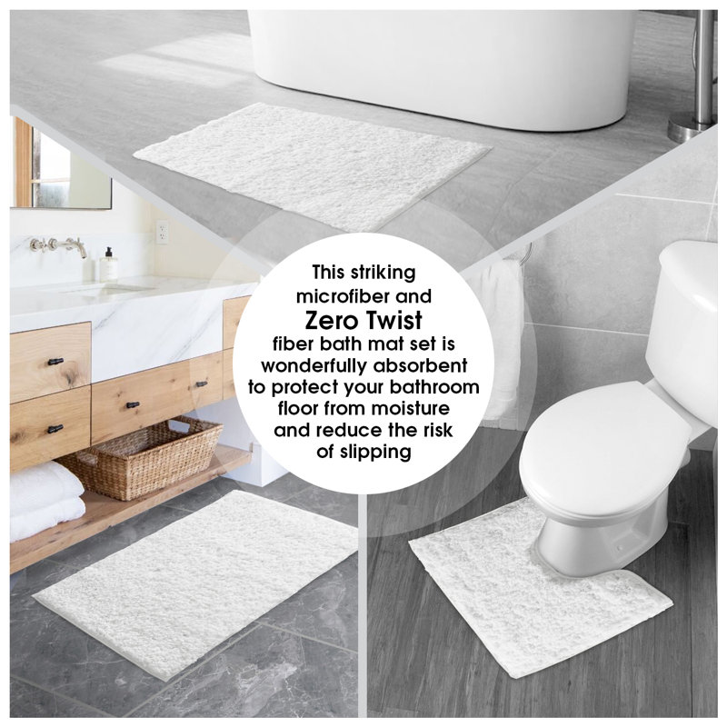 Luxury Zero Twist Bath Mat Set 2 Piece Plush Microfiber Bathroom Rug & Pedestal Mat Non Slip Absorbent Washable, White