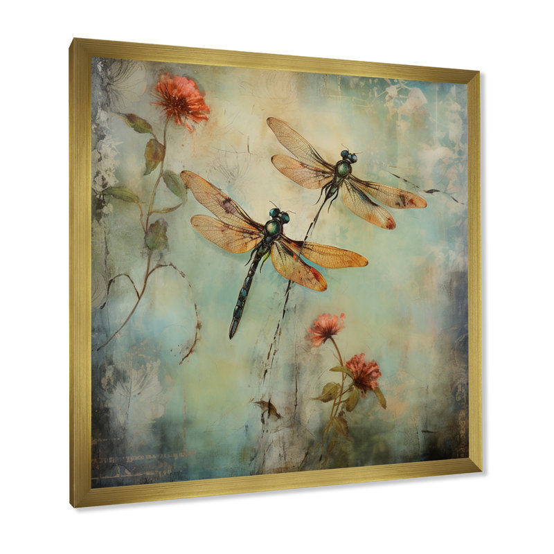 Art rétro sur toile, libellule volante, Cadre photo unique, H 16 po x l 16 po, Doré