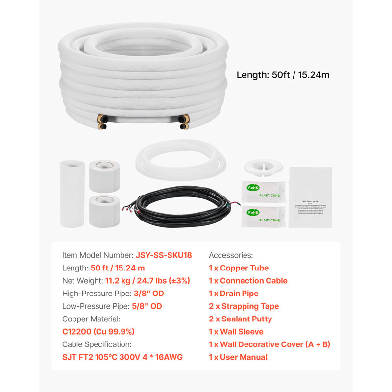 Mini ensemble de 50 lignes de 50 pi, tuyau en cuivre à courant alternatif de 3/8 po et 5/8 po de diamètre extérieur, bobine isolante épaissie en PE blanc de 3/8 po avec écrous évasés, raccords riches, pour système de climatisation, de climatisation et de pompe à chaleur