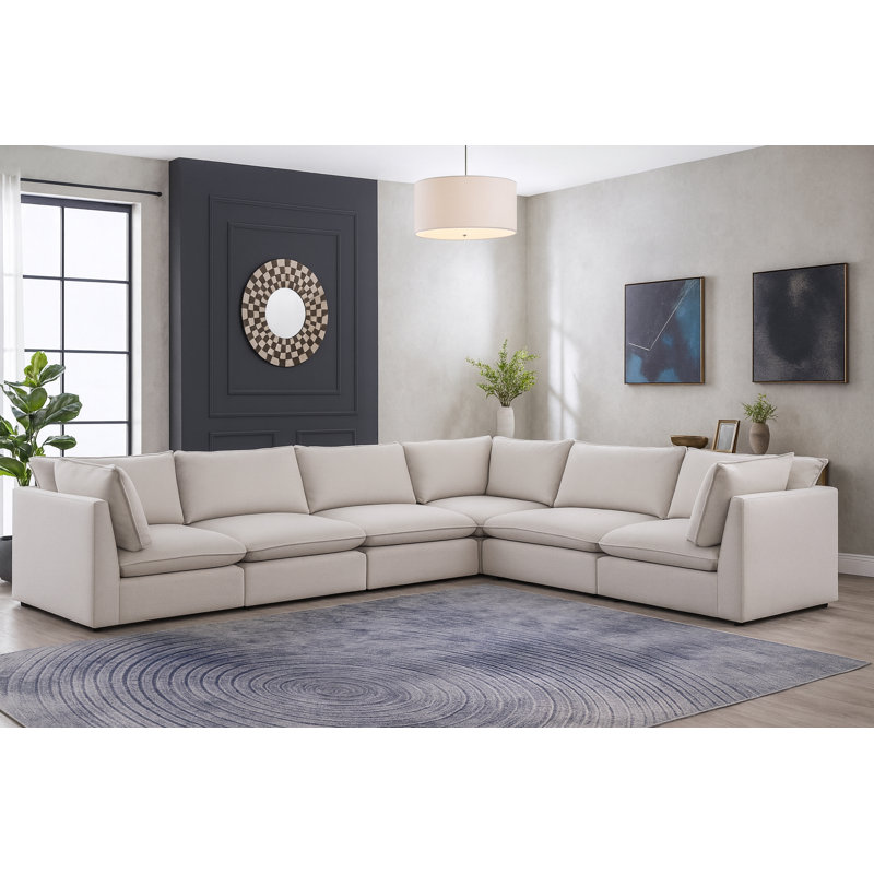 Tupman Upholstered L-Shaped Sectional Reversible, Beige Linen Textured Fabric