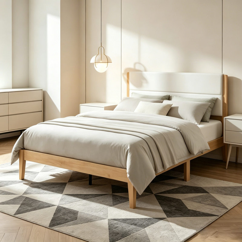 Lit plateforme avec tête de lit tapissier en velours, Full, Natural