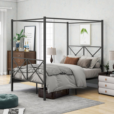 Sturdy Metal Canopy Bed Frame with X Shaped Design, Full Black, Ideal for Noise-Free and Stylish Sleep