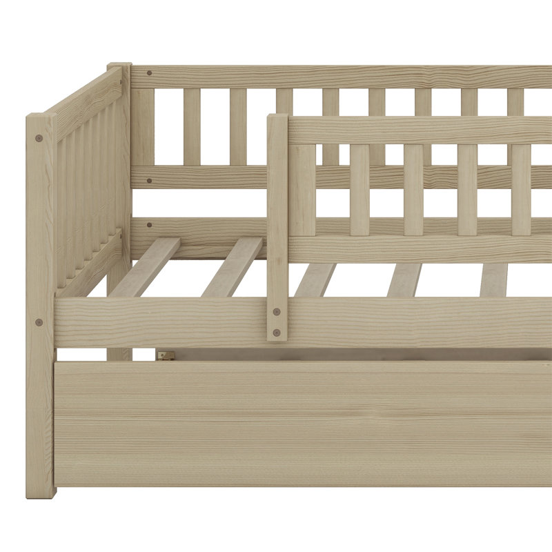 Lit de jour en bois avec couchette et barrière de sécurité, Naturel