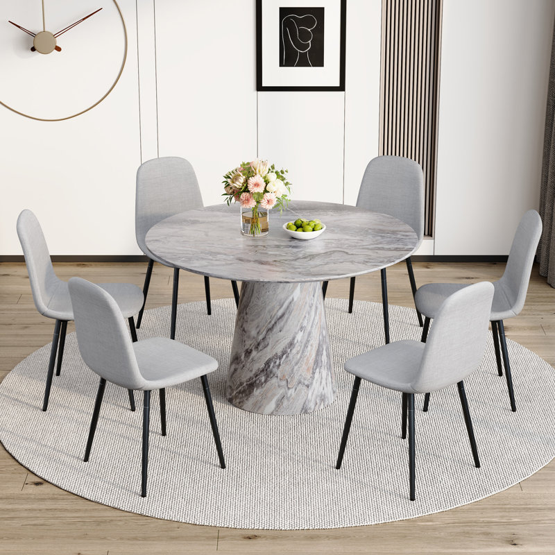 45'' Round Dining Table Set With 4/6 Upholstered Chairs, Light Gray, 7 Pieces: Table, 6 Chairs