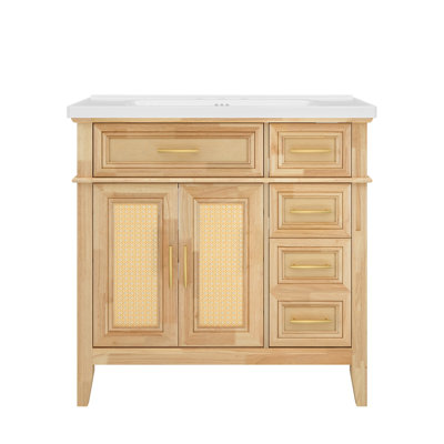 Meuble-lavabo autoportant 36 po avec lavabo en céramique, panneaux de porte en canne, finition en bois naturel, quincaillerie à fermeture en douceur et rangement inclinable