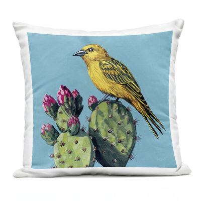 Yellow Bird on Cacti Bloom Outdoor Printed Pillow, design by Kate Jarvik Birch, 18 x 7 x 18