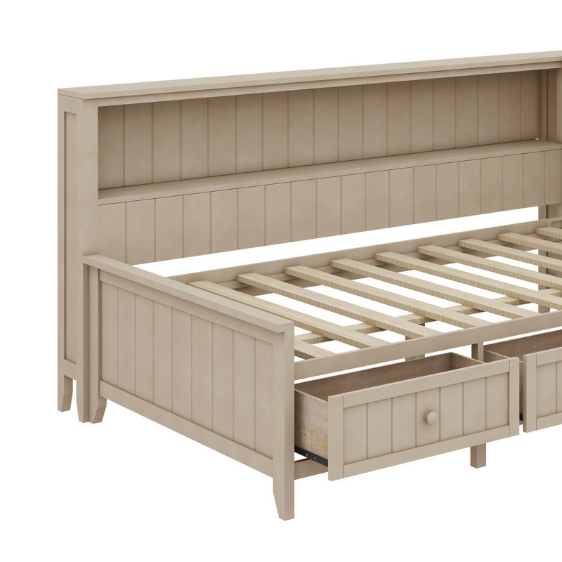 Lit de jour chic en bois équipé de tablettes et de tiroirs de rangement pratiques, Lit simple