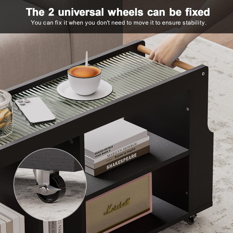 Black Wood Narrow Side Table with Fluted Glass Top and Wheels