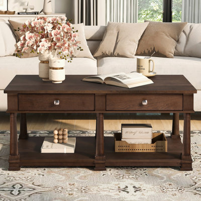 Farmhouse 45.3" Rectangular Coffee Table with Storage Drawers and Open Shelf, Cocktail Table with Solid Wood Legs for Living Room