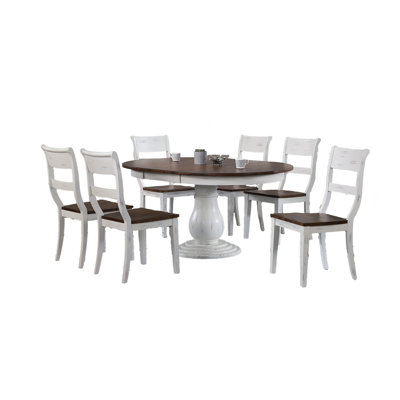  Round Extendable Solid Wood Pedestal Dining Set in White and Brown With 18" Takeout Leaf Seats 6
