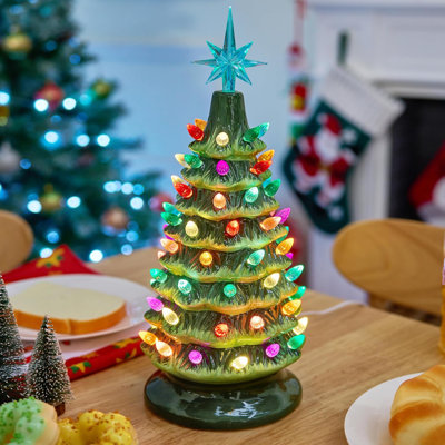15" Ceramic Christmas Tree with Star Topper and Multicolored LED Lights