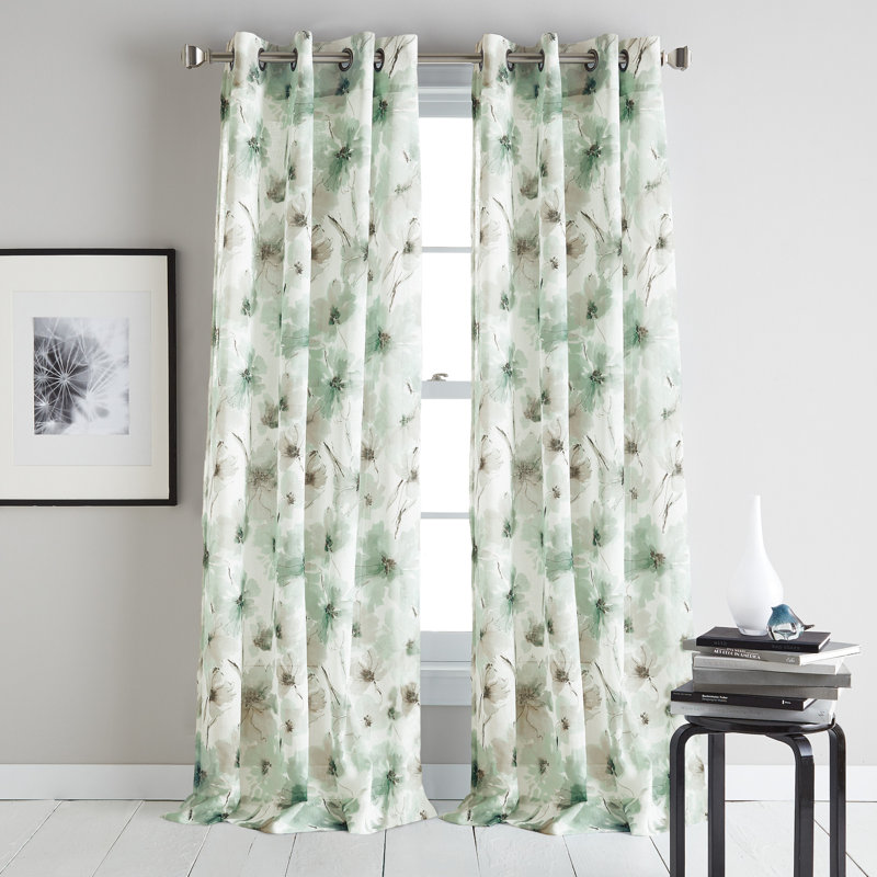 Blue Floral Sheer Grommet Linen Blend Window Panel