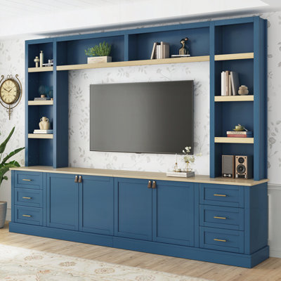 102.3"W Farmhouse 4-Piece Entertainment Center Wall Unit With Adjustable Shelves, TV Stand With Bookshelves For Tvs Up To 75", Media Console With 6 Drawers For Living Room