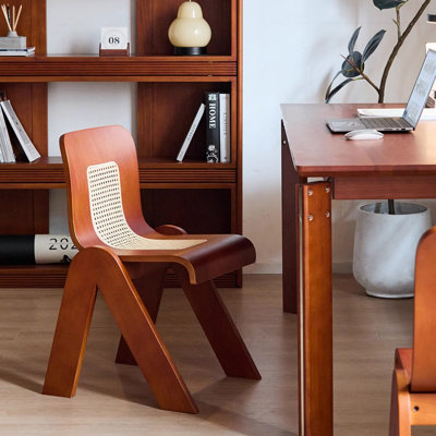 Retro Mid-Century Wood Dining Chair With Rattan Seat & Back, Ergonomic Bentwood Kitchen Chair For Dining Room, Living Room, Cafe (Walnut Finish)