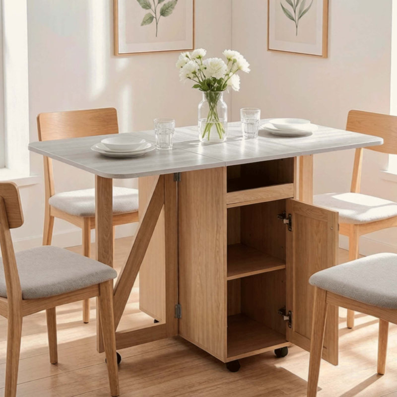 Table de salle à manger pliante avec armoire de rangement et tablettes, table de cuisine mobile peu encombrante pour les petits espaces