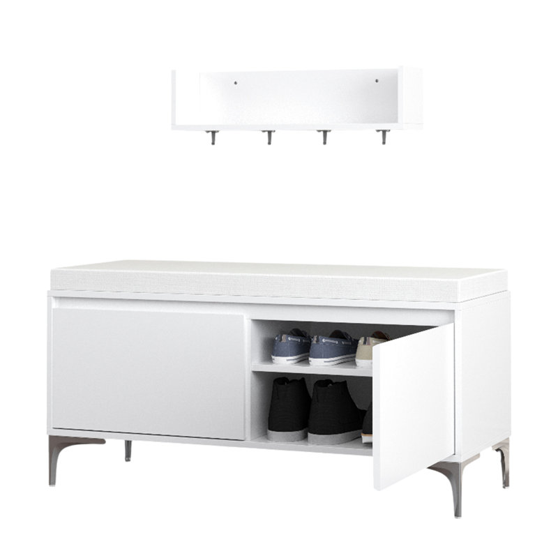 Tablette murale avec crochets et banc de rangement, coussin de siège rembourré blanc. Garde l'entrée en bon état. Articles spacieux et fermés pour les chaussures. Fixation sécurisée à long terme