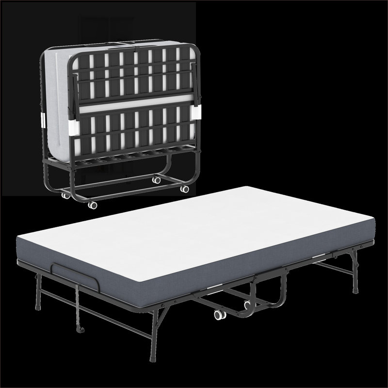 Lit pliant spacieux et portatif, conception extra longue et large pour les personnes de grande taille, structure en métal noir de jais robuste avec mousse à mémoire de forme de 5 pouces