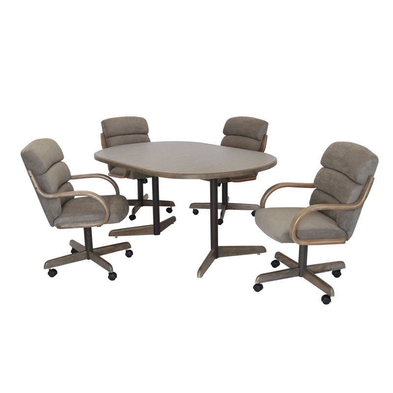 Ensemble de salle à manger extensible à 5 piédestaux 5 pièces, Gris bois flotté / polyester graphite