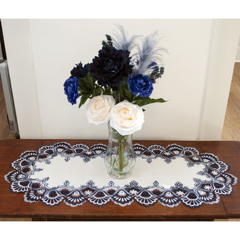 Folger Antique European Navy Blue White Lace Runner, 44" x 16"