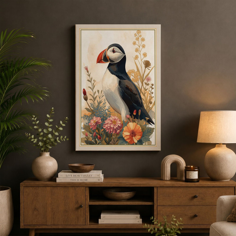 Puffin Among Flowers Botanical - Wrapped Canvas, 36x24 - 91.4 x 61.0 cm, Sage Border