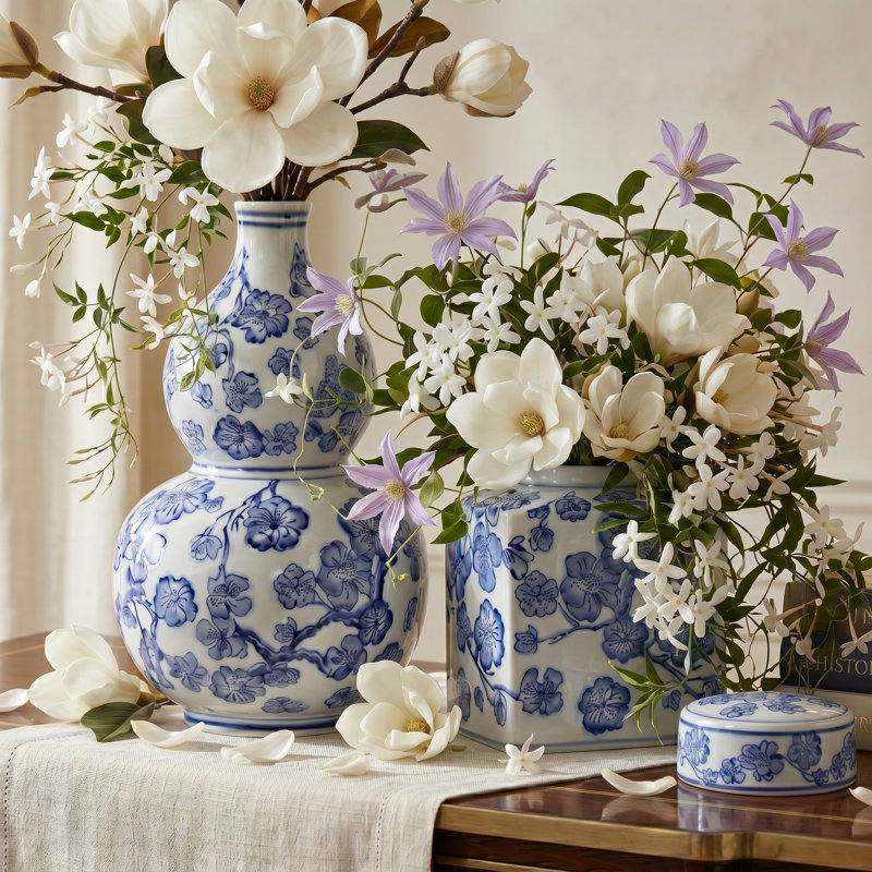 Cherry Blossom Chinoiserie Ceramic Vase & Lidded Jar Set of 2 - Decorative Floral Tabletop Accent for Living Room, Console, or Dining Decor - Blue & White