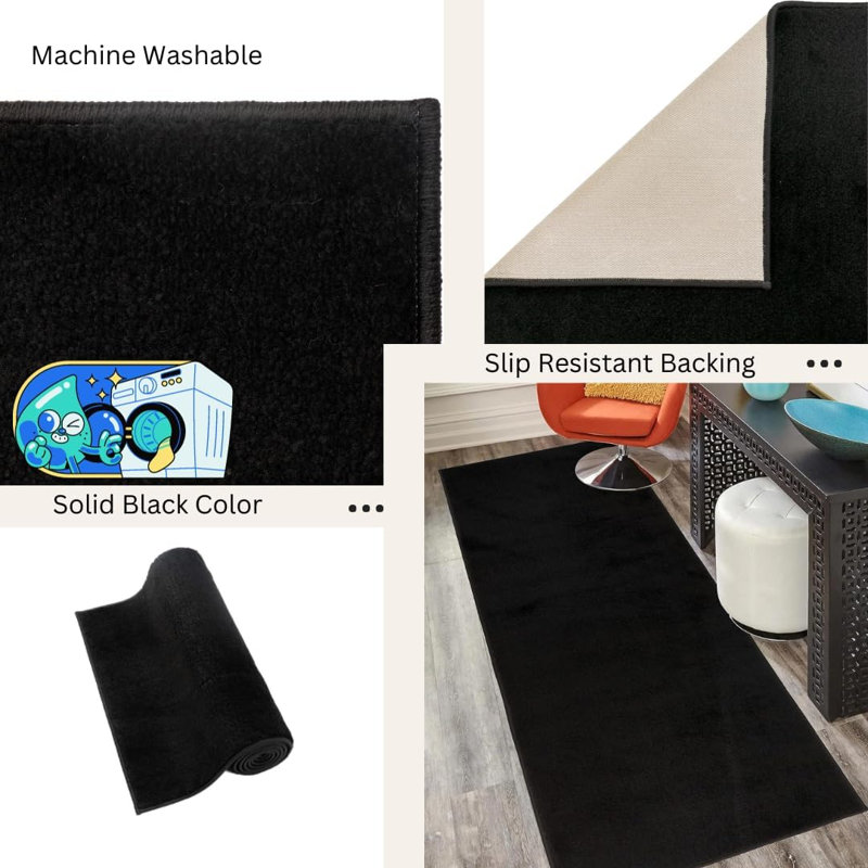 Customizable Size Solid Black Color Carpet Plush Medium Pile Slip Resistant, Runner 2'2" x 12'