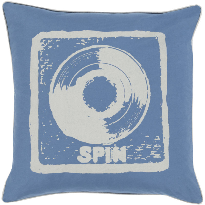22" Square Beige and Cobalt Embroidered Cotton Kids Pillow