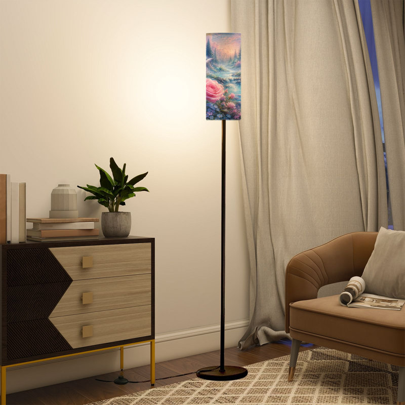 Lampe sur pied 68,5 po papillon rose rose forêt rivière paysage pastel floral à intensité variable avec abat-jour en lin, ampoule à DEL 3 couleurs incluse, télécommande et interrupteur au pied pour le salon, la chambre, le bureau, le coin lecture