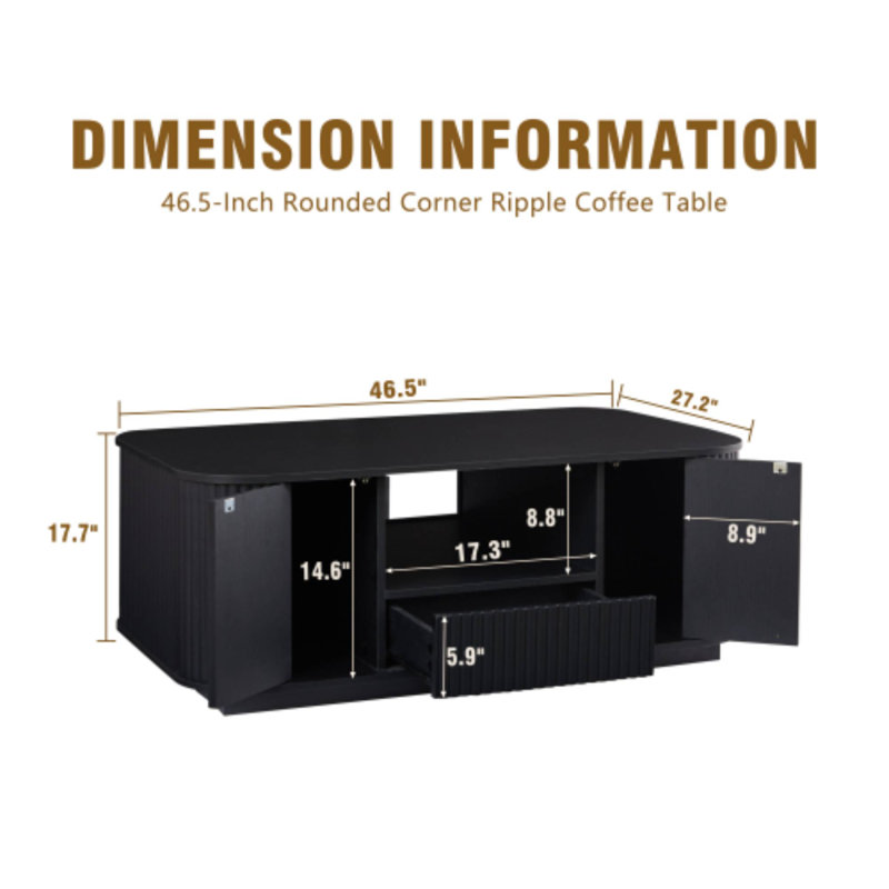 Table basse ovale de luxe moderne de 46,5 pouces avec rangement pour les loisirs de bureau de salon, Noir