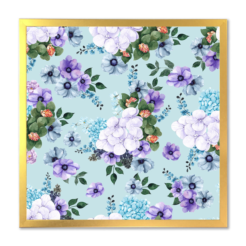 Fleurs blanches et oranges sur bleu clair - peinture sur toile, Cadre doré, H 31,5 po x l 31,5 po