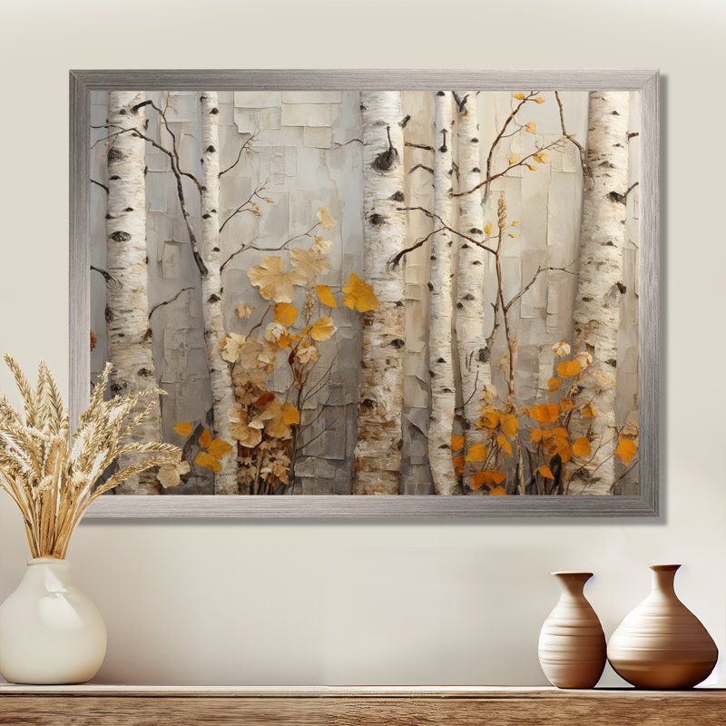Élégance de bouleau d'automne - art mural grand arbre, H 34 po x l 44 po x P 1,5 po, Cadre de coin argenté fermé