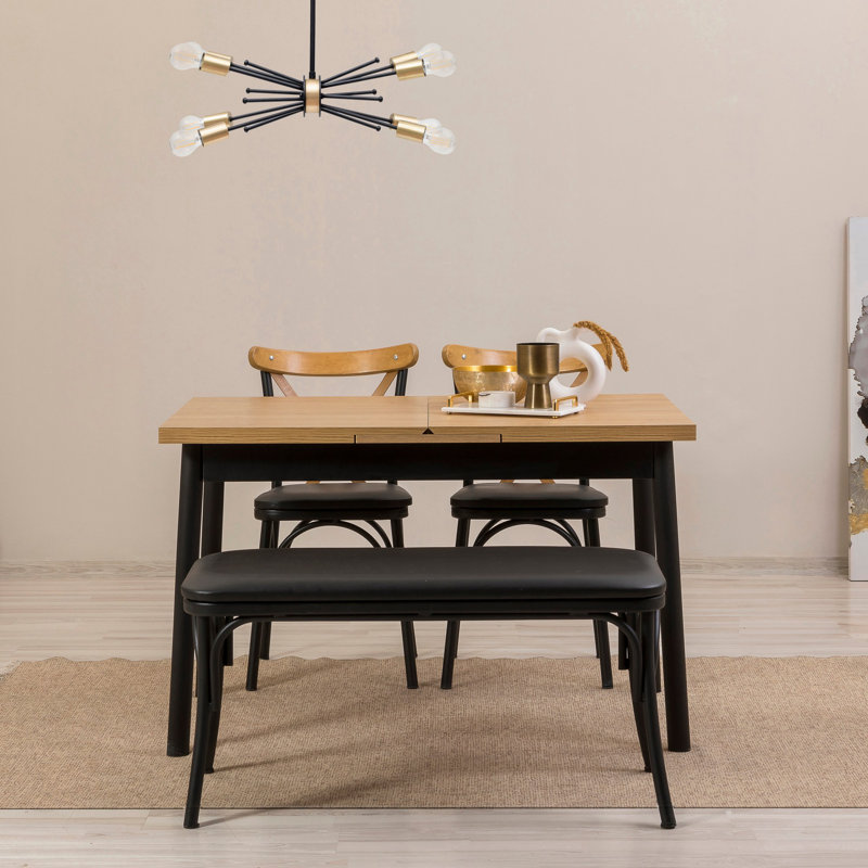 Bohlman Elegant Extendable Dining Table & Chairs Set (4 Pieces), Black | 100% Melamine Coated Particle Board, Table Dimensions: 47.2 x 29.5 x 29.5 in (Open: 61.0 in) | 100% Leatherette Chairs & Bench, Durable Beech Wood Legs, Perfect for Family Dinners