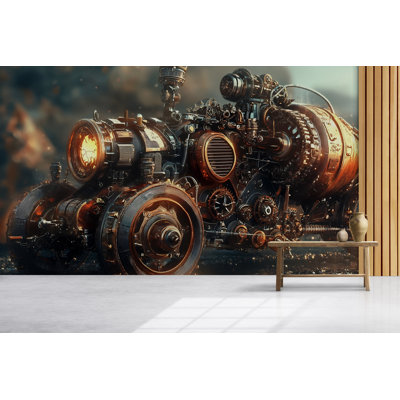Steampunk Engine Vehicle Wallpaper – Intricate Industrial Mural With Gears, Rust And Flames, Bold Statement Wall Art For Living Room Or Game Room