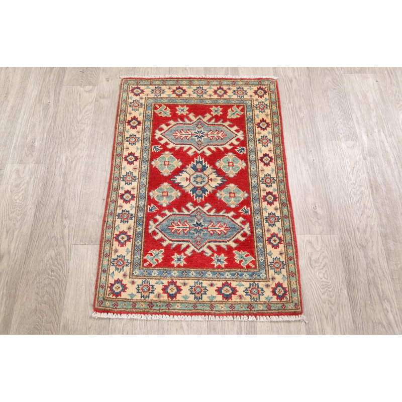 Tapis de zone en laine rouge 2 pi 1 po x 3 pi noué la à la main one-of-kind-kazak Annamae