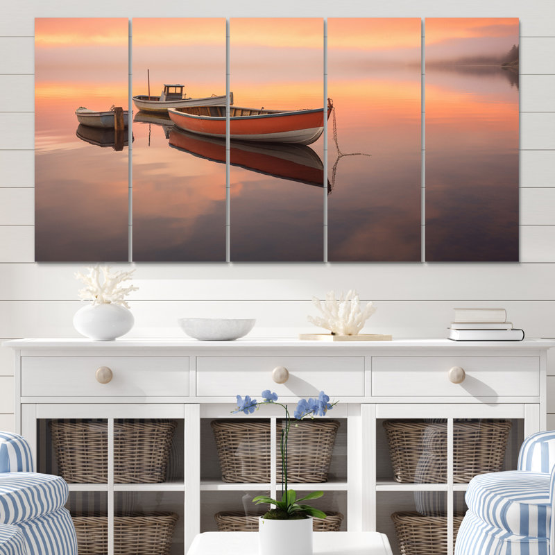 Dériveur bateau sérénité pastel coucher de soleil - bateau art mural salon - 5 panneaux égaux