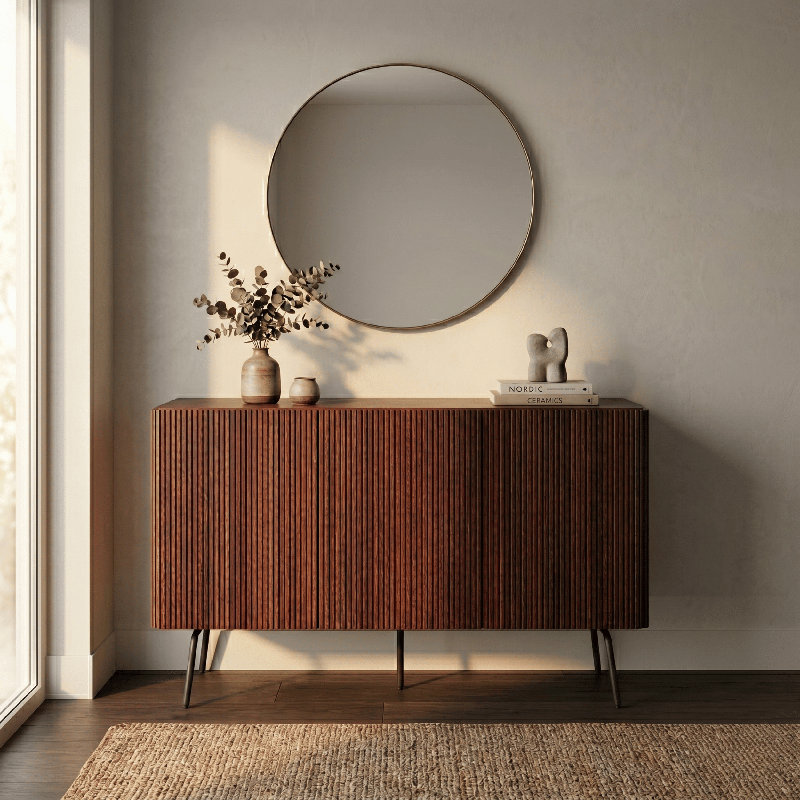 Sideboard Drawers Buffet Cabinet with Groove Design and Metal Legs, Storage Cabinet for Living Room, Dining Room, and Entryway, Effortless Assembly