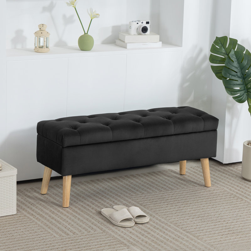 Upholstered Storage Ottoman Bench with Wood Legs, Black