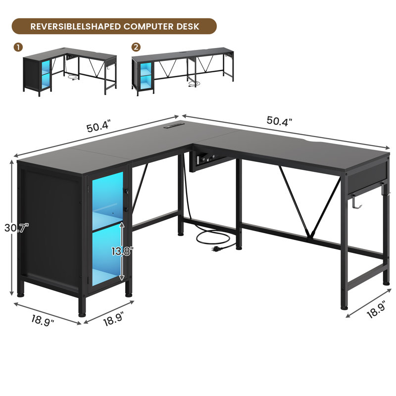 50.4" L Shaped Desk With Lift Top Adjustable Standing Desk With File Drawer, Black/Black