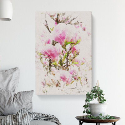 Pink Magnolia Blossom Flowers - Wrapped Canvas