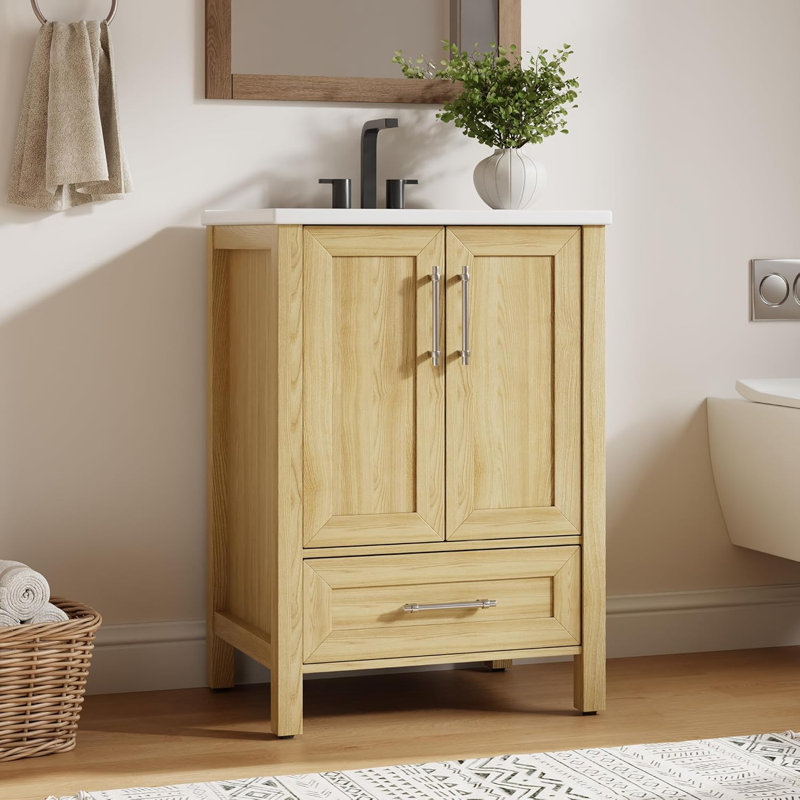 24" Bathroom Vanity with Sink, Freestanding Wood Vanity with Drawer, Natural Wood, 24", Natural Wood