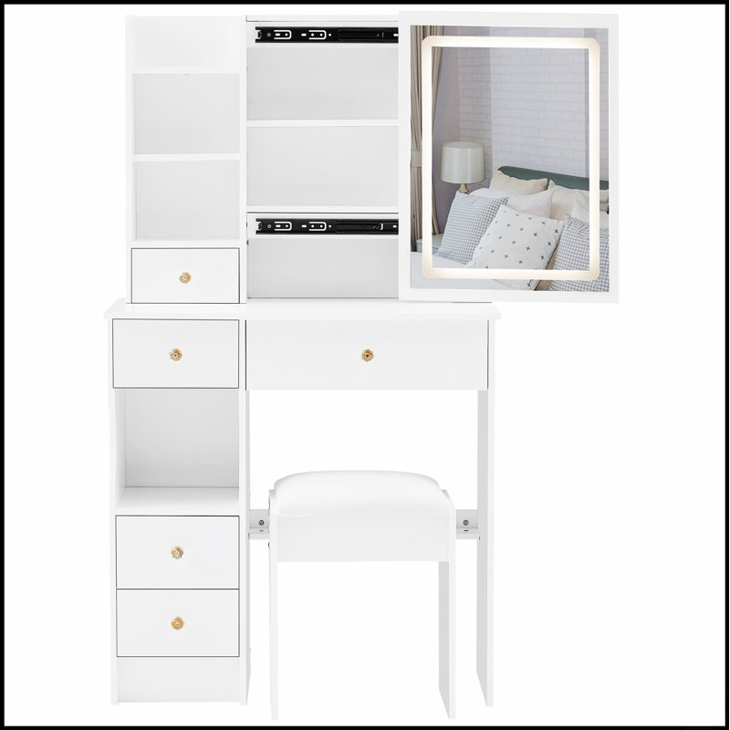 Petit meuble-lavabo de 29,2 po avec tabouret de bureau et tabouret rembourré à gauche 29,5 po, grande commande tactile, interrupteur tricolore, miroir à luminosité réglable, rangement à grande capacité, convient aux petits espaces