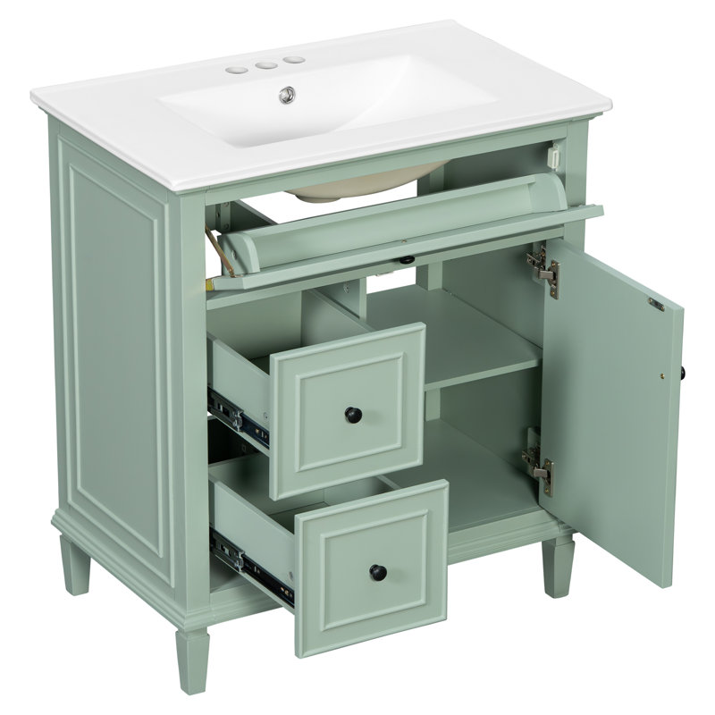 Meuble-lavabo moderne autoportant de 30 po avec lavabo combiné, tiroirs de rangement rabattables et standard, tablette réglable, structure en bois massif