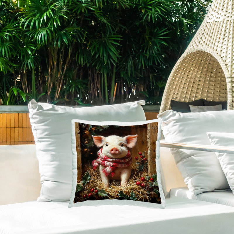 Coussin d'extérieur imprimé cochon avec guirlandes des Fêtes par Riley B