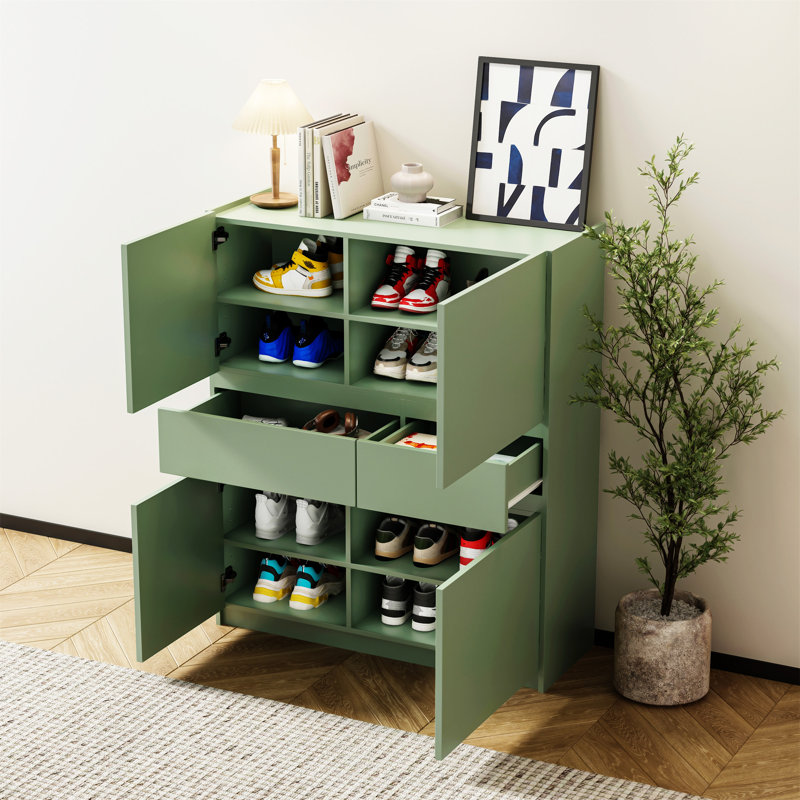 Armoire de rangement en bois verte avec 4 portes et 2 tiroirs, armoire à chaussures 